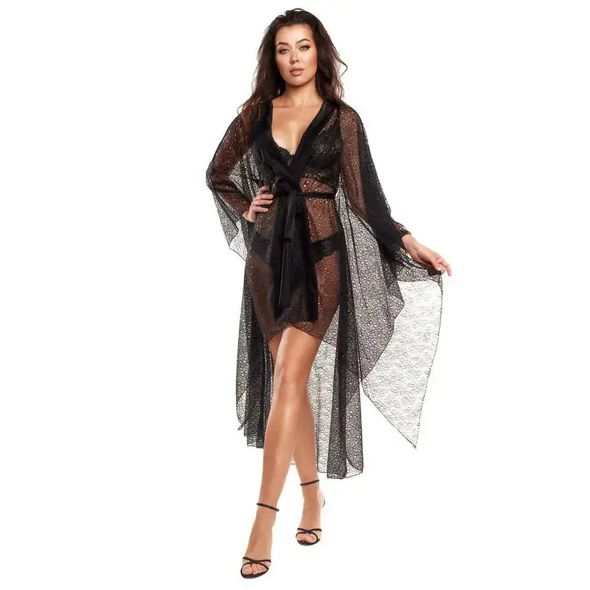 Women's Black Panther Long Sleeve Sheer Lace Bathrobe, Women's Sleepwear & Loungewear Dressing Gown, Long Sleeves, Elegant Lace Bathrobes & Dressing Gowns, Belt, Shiny, Strip, One Size