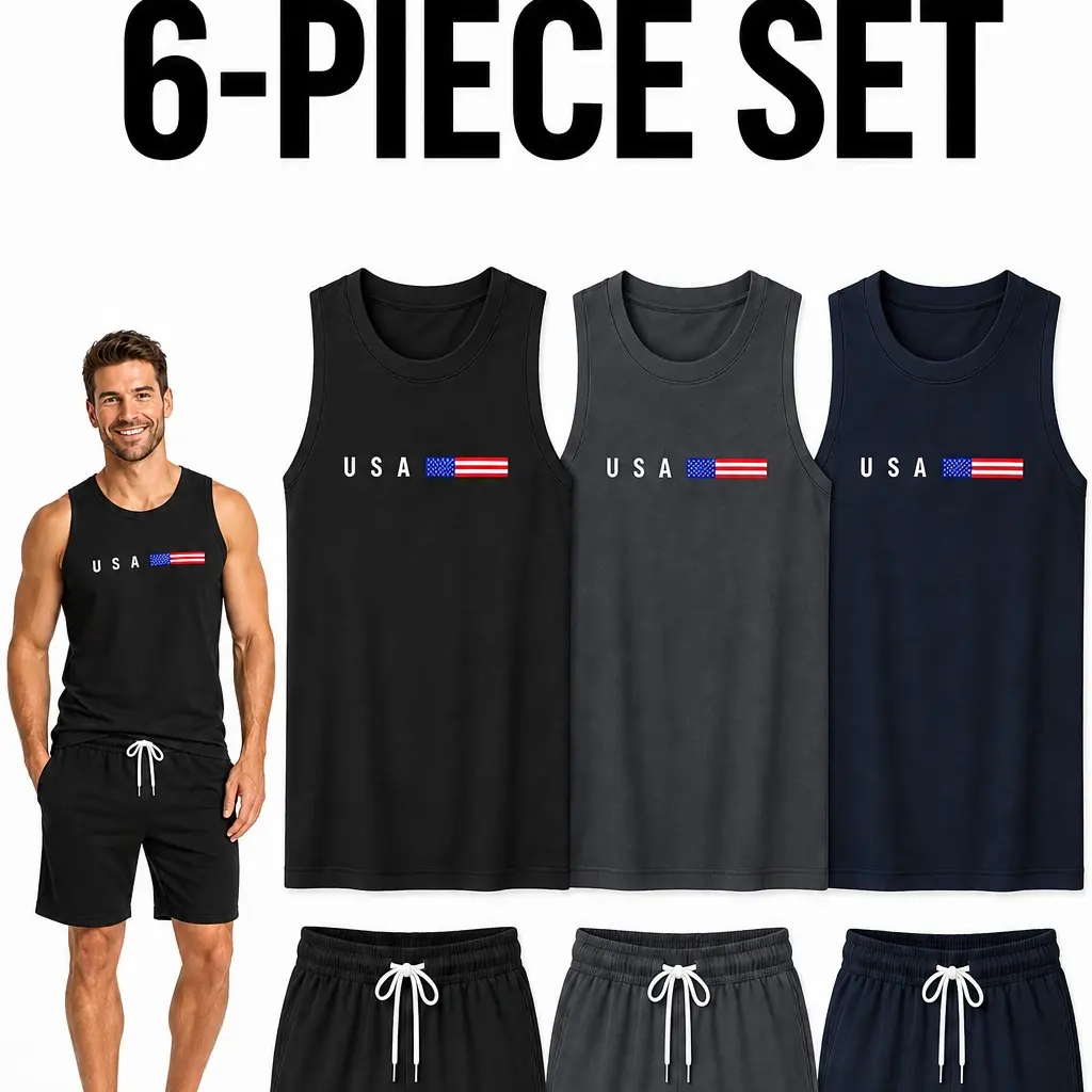 6 Piece Men’s Quick Dry Tank Top and Shorts Set, 3 Pack USA Flag Sleeveless Athletic Outfits, Lightweight Breathable Gym Workout Running Clothes