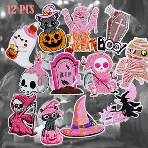 12pcs Pink Ghost Iron on Embroidered Patches Halloween Festival Iron on Appliques for Hats, Clothes, Bags etc.