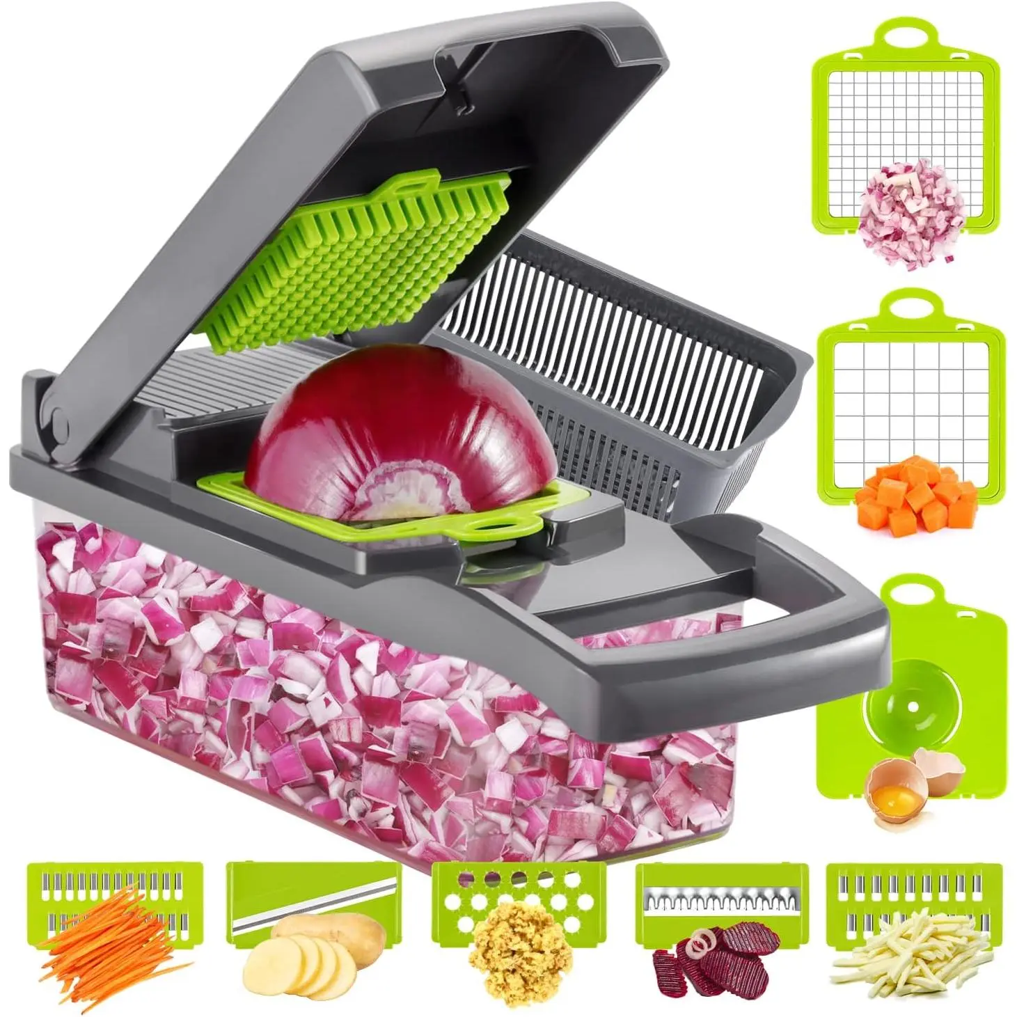 Vegetable Chopper Onion Cutter, 12 in 1 Professional Mandoline Slicer for Kitchen, Multifunctional Food Chopper for Potato, Tomato, Veggie with Strainer Basket, 8 Blades, Gray