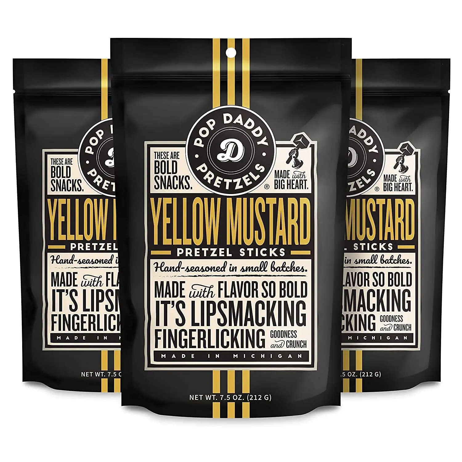 pop daddy Flavored Pretzels Sticks, Healthy Gourmet Pretzels Snacks, 7.5oz Individual Bags, 3 Pack, Yellow Mustard