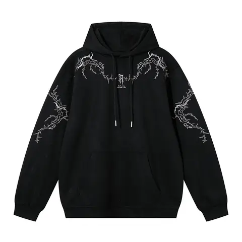 Men's Fall Winter Casual Hooded Sweatshirt, Loose-Fit Embroidered Thorns Design, Trendy Fashionable Outerwear Jacket, Embroidery Hoodie