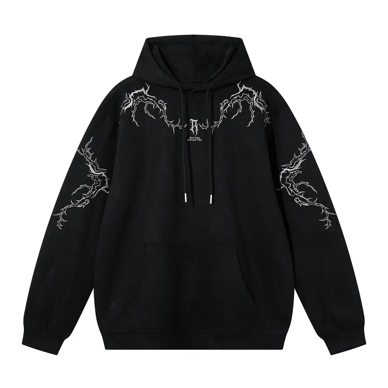 Men's Fall Winter Casual Hooded Sweatshirt, Loose-Fit Embroidered Thorns Design, Trendy Fashionable Outerwear Jacket, Embroidery Hoodie