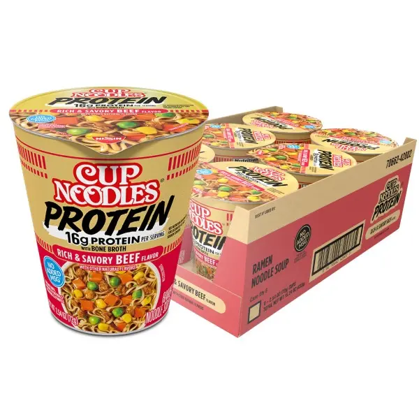 Halal Certified Protein-Rich Instant Beef Flavor Bone Broth Soup Meals - Lunch Option, Contains Beef, 16g Protein, 2.54 oz Convenient Size Cup, Pack of 6, Salty & Savory Ambient Shelf-Stable Food Staple