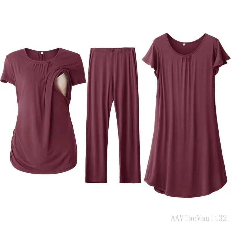 Women 3 PCS Maternity Nursing Nightgown Dress & Short Sleeve Breastfeeding Top & Pregnancy Pants Sleepwear SetAAVibeVault32