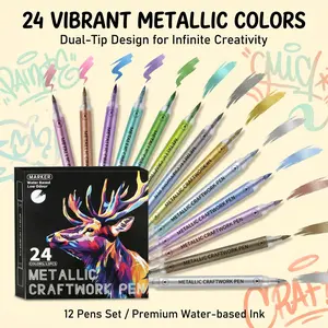 Marker 24 Metallic Craftwork Pens Dual Tip Acrylic Paint Markers for Black Paper Scrapbooking Rock Painting Wood Canvas Stone Glass Ceramic DIY Crafts Making Art Supplies