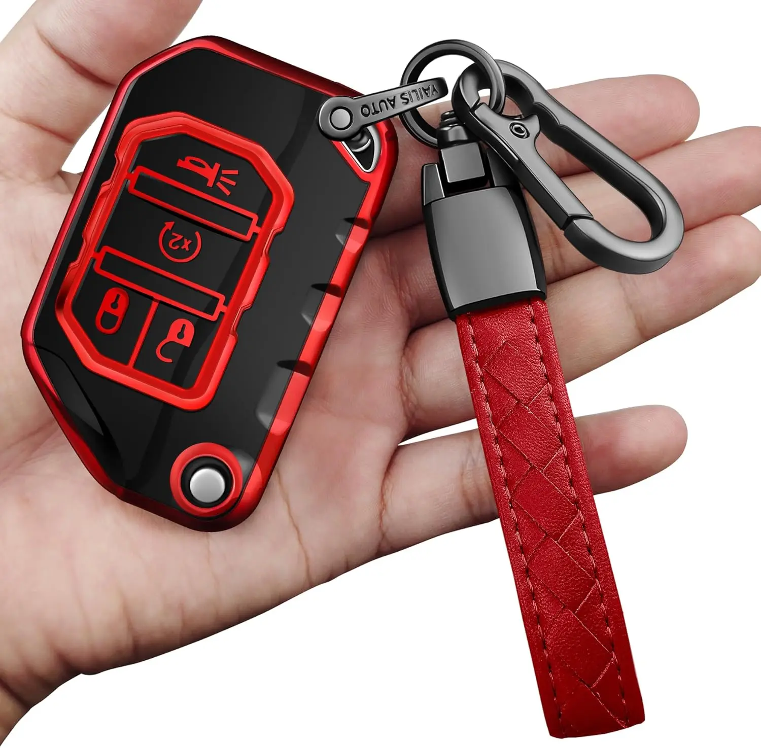 Fashion Car Key Fob Cover with Keychain, Soft Full Protection Case Compatible with Jeep Gladiator JT Sahara JLU, 2018-2026 Wrangler JL JLU Rubicon (Red)