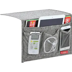 Linen 4 Pockets Bedside Caddy Bedside Storage Organizer for Magazine Remotes Phone Classic Grey