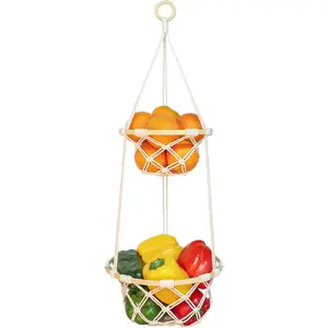 2 Tier Macrame Hanging Fruit Basket, Boho Vegetable Holder for Kitchen Food Storage with Hook, Bohemian Cotton Produce Multi Organizer, Plant Hanger Decor for Home Living Room Women Christmas Gift