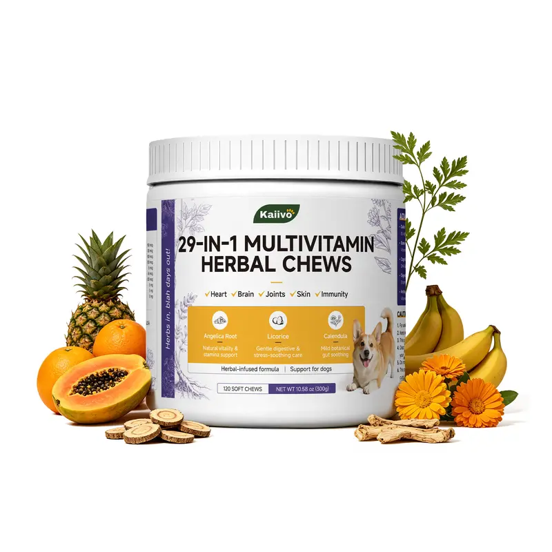 Kaiivo 29-in-1 Canine Nutritional Supplement Herbal Soft Chews - Probiotics, Antioxidant Protection, Bone Health Support, Daily Canine Wellness for All Breeds, 120 Count
