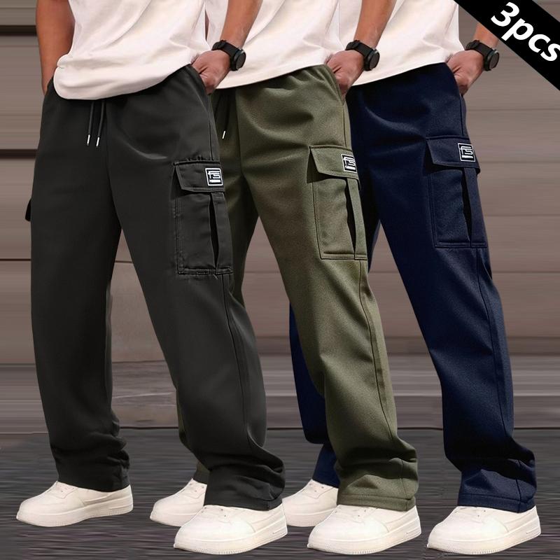 Clean Gent 3-piece men's solid color multi-pocket straight overalls, regular version casual fashion and comfortable outdoor trousers, men's bottoms for daily wear, drawstring waist pants