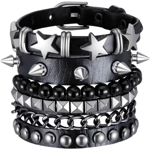 4PCS Punk Rock Studded Bracelets Set, 80s Studded Wristband Emo Goth Jewelry Accessories for Men and Women