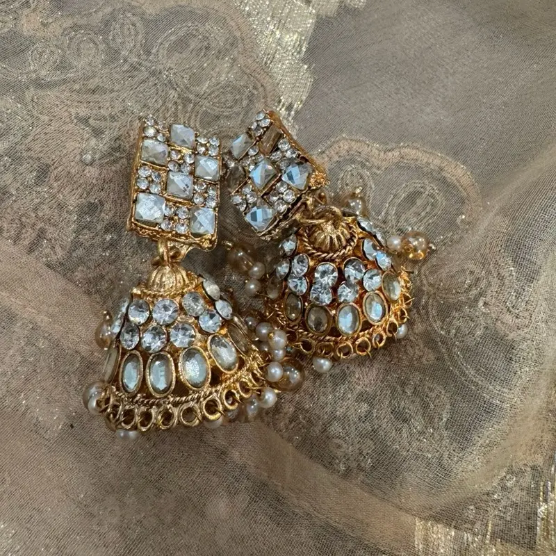 Golden Jhumkas for Women, Traditional Indian Bridal Fashion Jewelry, Handcrafted Metal Earrings
