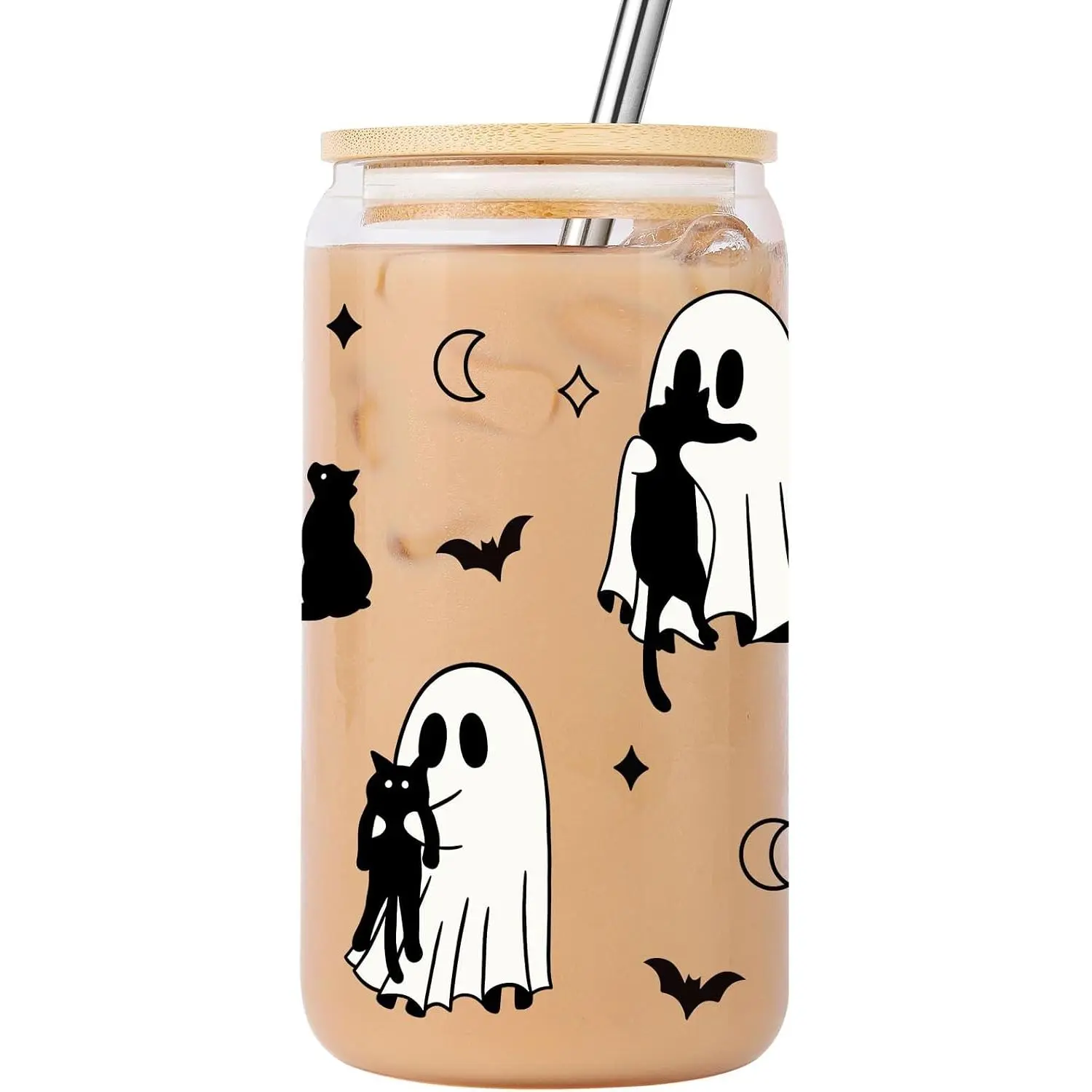 Cute Ghost & Black Cat Glass Cup w/Lid & Straw, Fall Iced Coffee Cup, Halloween Tumbler, Spooky Cat Gifts for Cat Lovers, Halloween Birthday Gifts, Boo Basket Stuffers for Women, Men, Teens