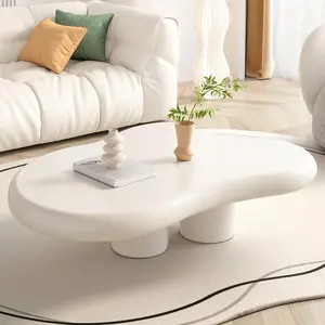 Cloud Coffee Table, Modern White Tea Table with 4 Sturdy Legs, Cute Irregular Wood End Table for Living Room, Minimalist Organic Shaped Center Table, Aesthetic Home Decor, Cream White