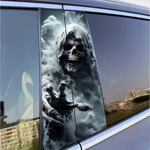 2 Piece High Gloss Skull Car Door Post Stickers, Waterproof Scratch-Resistant B Pillar Protection Film, Self-Adhesive Decorative Decals, Halloween, Premium Skull Stickers, Car Door Trim Sticker