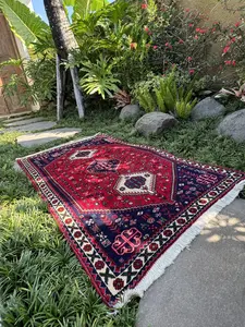 Handwoven Shirazi Persian Rug from Iran Rich Pomegranate Red Tones Traditional Geometric Motifs 4x2 Perfect for Living Rooms & Bedrooms