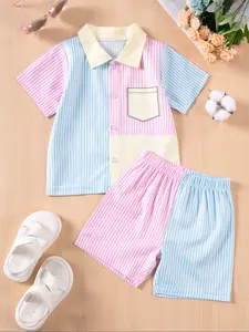 Boys' Striped Short Sleeve Set, Fresh Patchwork Style Shirt & Colorblock Shorts, Summer for Ages 1-6, Daily Wear, Baby Sailor Outfit, Toddler Outfit
