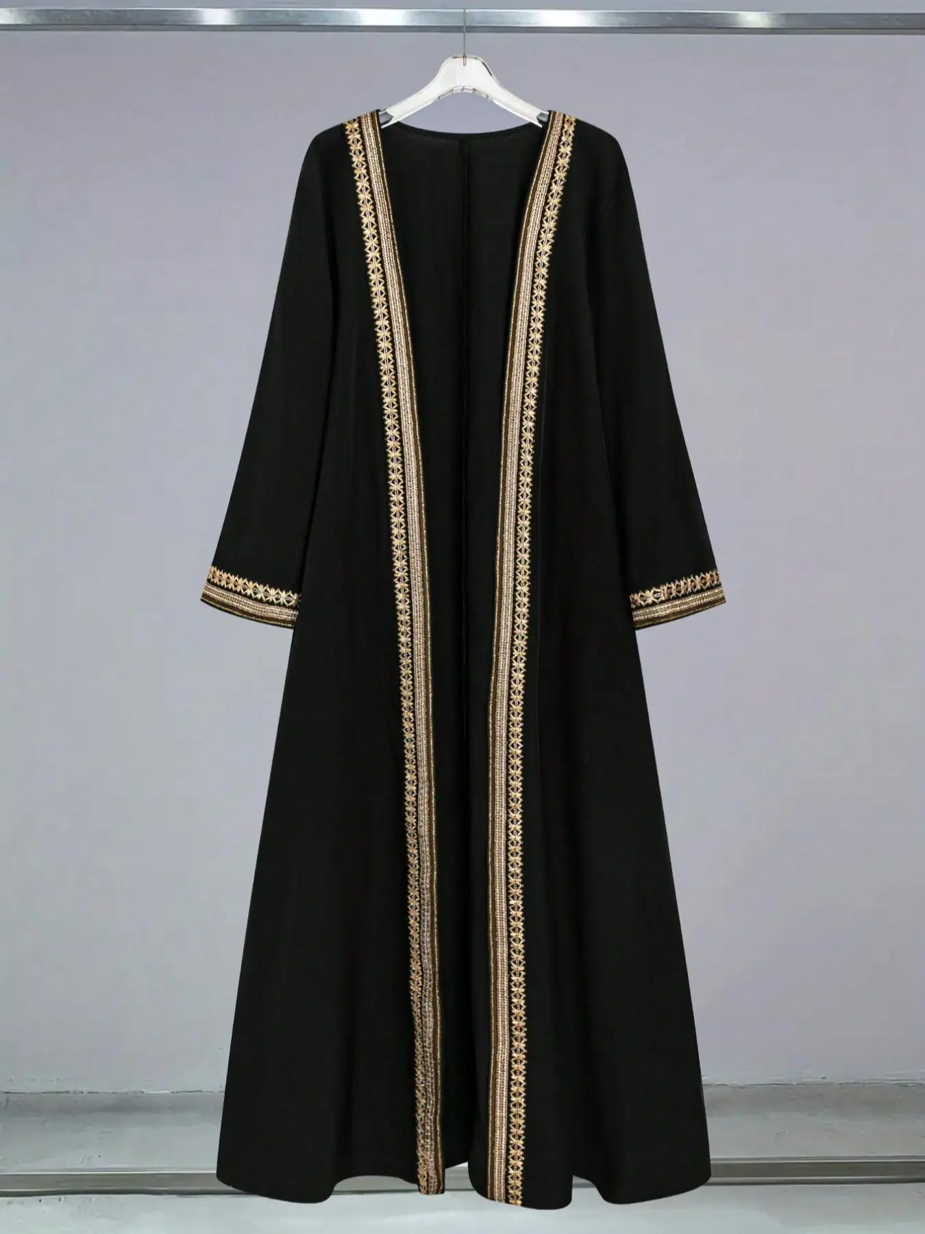Arabic Clothing-Women's Ethnic Pattern Contrast Binding Abaya, Elegant Long Sleeve Open Front Outerwear For Daily Wear, Women's Islamic Clothing For A