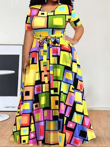 【Plus Size】 All Over Print Belted Fit Dress, Casual Elegance Chic, Casual Denim-Effect Geometric Printed Round Neck Dress for Spring & Fall, Women's Clothes Womenswear for Daily Wear
