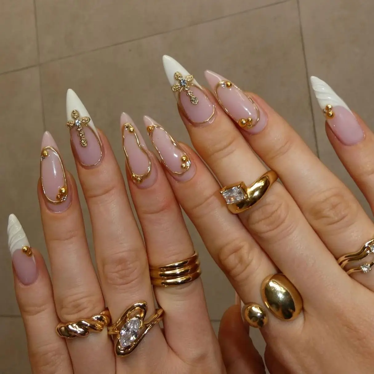 Handmade Luxury Gold Cross Press On Nails Long Stiletto 3D Shell White French Minimalist Fake Nails 10pcs sohochic