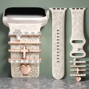 Digi Charm Floral Engraved StarLight Apple Watch Band 38–42mm – Dressy Soft Silicone Strap with Wildflower Carved & Decorative Pendant for iWatch Women