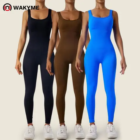 WAKYME Women's Seamless V-Back Scrunch Rib-Knit Sleeveless Tummy Control Hollow-Out Solid Color Jumpsuit - Yoga Jumpsuit, Activewear Fitness, Athletic Style, Stylish Activewear for Daily & Workout Use