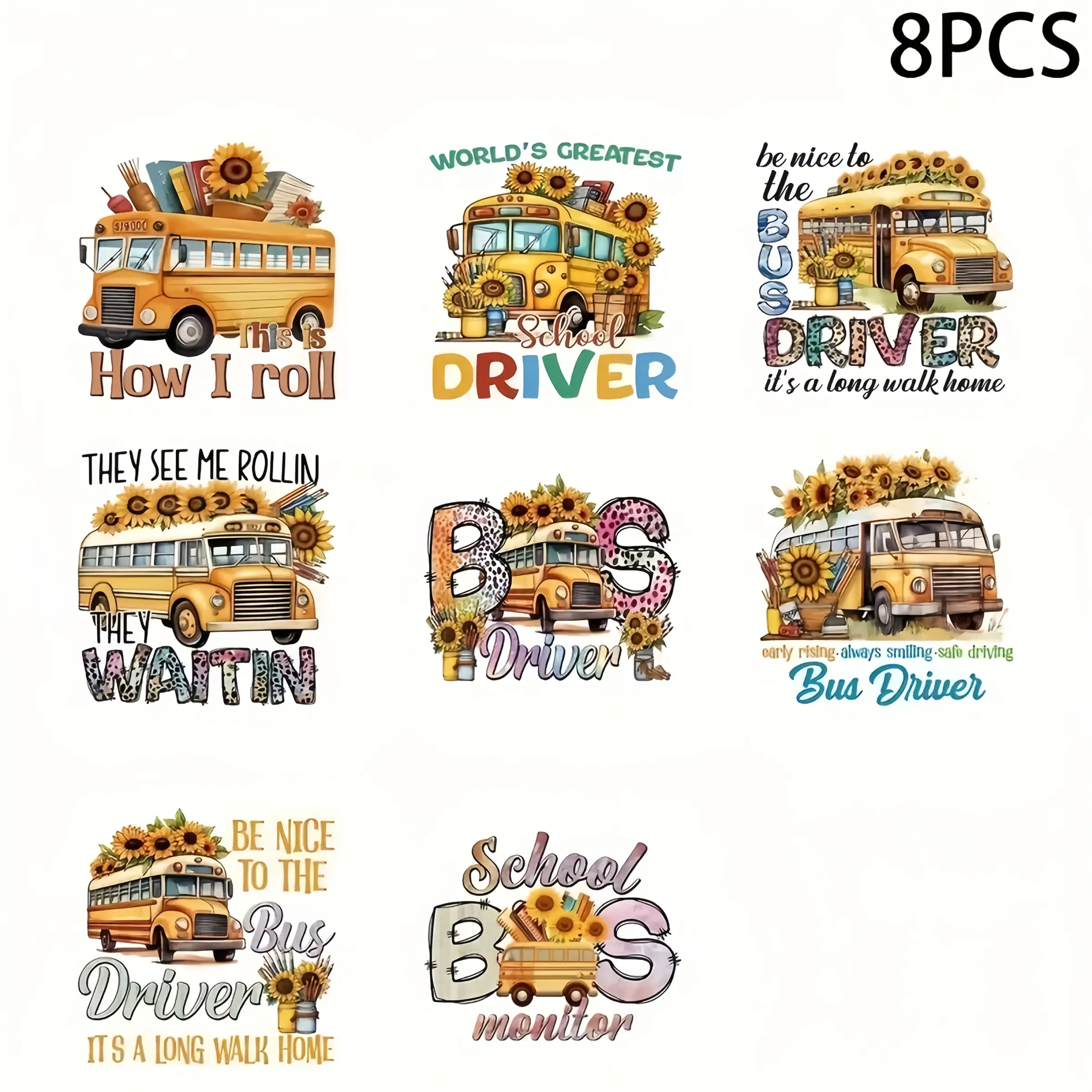 8pcs of Sunflower School Bus UV Transfer Self-Adhesive Stickers Suitable for Water Bottles And Cups, DTF Transfer Vinyl Stickers for 16 Oz Libby Glass Packaging, 3D Crystal Labels That Are Scratch-Resistant