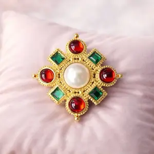 Vintage Pearl Cross Brooch, Red and Green Gemstone Brooch, Gold Baroque Pin, Victorian Style Jewelry, Royal Statement Brooch Gift for Her