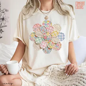 Comfort Colors Faux Quilted Patchwork Daisy Shirt Floral Graphic Tee Vintage Aesthetic Flower Top Cottagecore Patchwork Shirt Spring Shirt