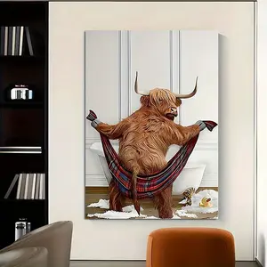 1pc Hilarious Highland Cow Bathroom Shenanigans Canvas Art - Wooden Framed Modern Minimalist Wall Decor with Playful Plaid-Clad Cow Design, Humorous Artwork for Living Room, Bedroom, Office, Kitchen, Dining Room - Birthday Gift & Spring Decoration, Cow De
