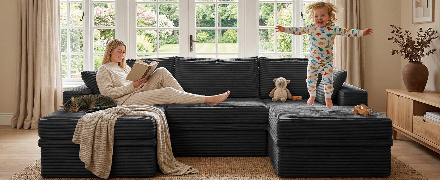 【3 Packages Shipping】NABUMI 107" Modular Sectional Sofa with Storage, Oversized U-Shaped Cloud Couch with Ottoman, 27" Deep Seat Memory Foam Corduroy 5-Seater Couches, Free Combination, Tool-Free Assembly, Black, Beige, Dark Gray, Green