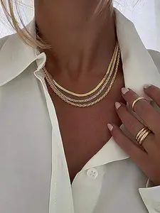 3pcs Stainless Steel Fashion Women's Herringbone Necklace, Delicate Platinum Necklace, Snake Chain Necklace, Minimalist Platinum Color Layered Necklace, Gold Bead Jewelry Gift, Suitable For Halloween, Christmas, Women Jewelry, Stackable Gold Necklaces, Mu
