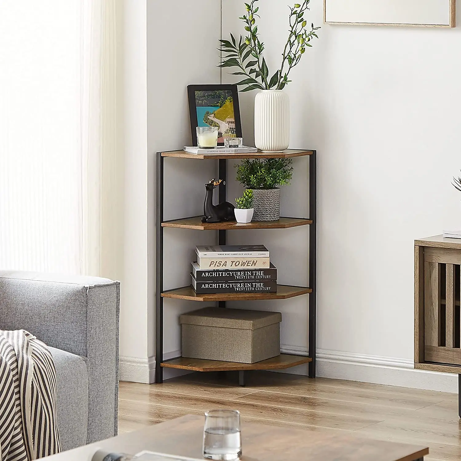 VECELO 31" Tall Corner Shelf/4-Tier Display Shelves with Metal Frame Corner Shelf Display Rack Shelving Open Storage Stand Bookcase Organizer