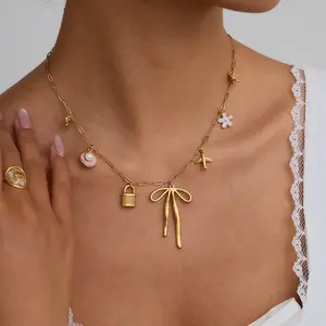 18K Stainless Steel Tarnish Free Hypoallergenic Shell Bow Clip Chain Necklace with DIY Charms for Personalized Jewelry
