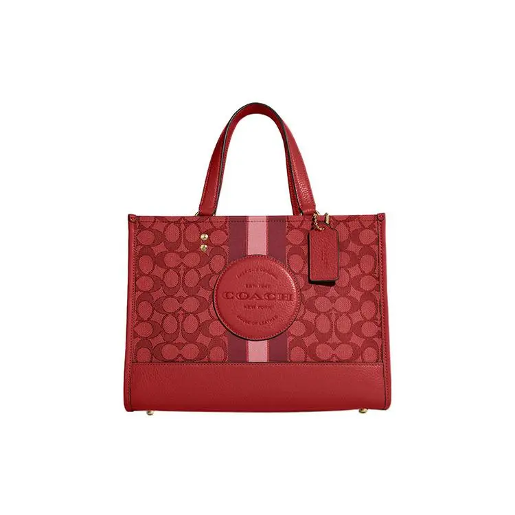 COACH Dempsey 29 Classic Monogram Snap-Clasp Tote Bag for Women, Striped Jacquard and Pebbled Leather, Red