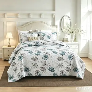 3-Piece Elegant Blue & Coffee Toile Print Quilt Set-Reversible Quilt Bedding Set,Premium Stitched Quilted Coverlet with 2 Pillow Shams,Vibrant Digital Print Bedspread, No Shrinkage & Anti-deform Soft All Season Bed Set for Queen/King Size Bedroom Decor