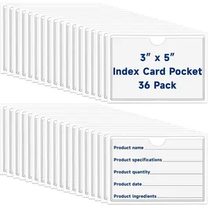 36 count Adhesive 3" x 5" Index Card Pockets, Clear Label Holders with Top Open for Loading, Plastic Pocket Sleeves for Organizing Storage Bins, Library Cards, Shelves