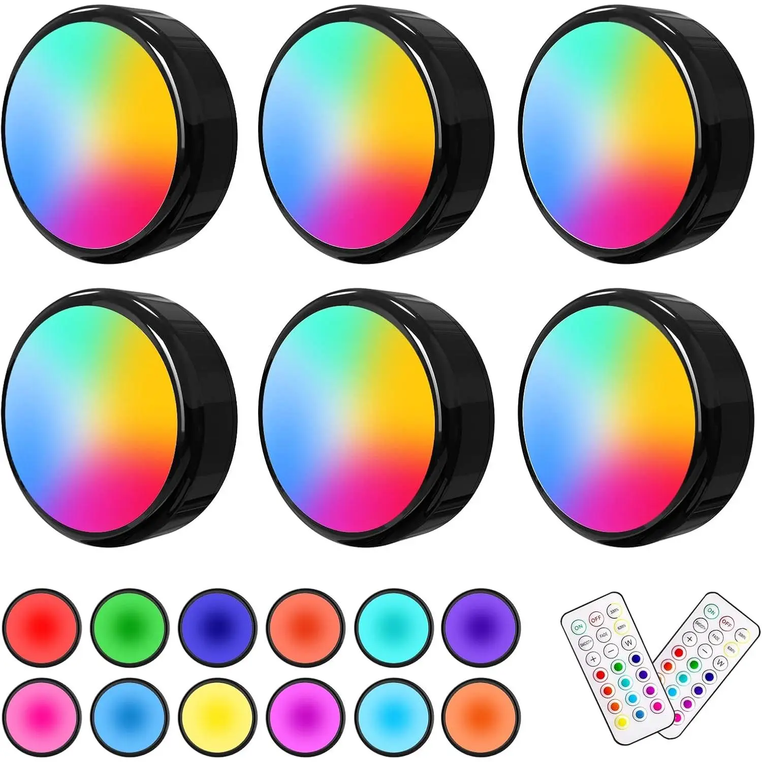 3-Pack Shell Wireless LED Puck Lights with 3m Mounting Tape - Polycarbonate, Adjustable Dimmable, Remote-Touch Control, AA Battery-Operated, Timer, 20ft Signal Distance, 4 Presets, Easy Stick-On for Kitchen (Multicolor, Shiny White, Batteries Included)