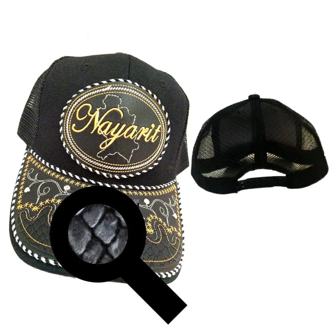 Nayarit Hat, Adjustable Unisex, Charro Style, Polyester/Acrylic, Embroidered Snake Skin Design in Black