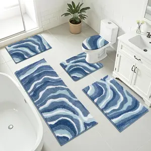 Rug Set 5 Piece, Soft Non Slip Microfiber Bath Mat, Machine Wash Mat Set, Absorbent Bath Mats with Cover, Bath Runner and U-Rug, Blue