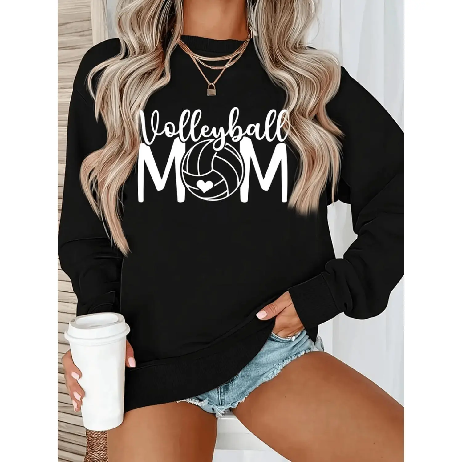 Athletic Pullover Sweatshirt for Women, Volleyball Mom Letter Graphic Print, Casual Sporty Chic Top with Soft Cotton Blend