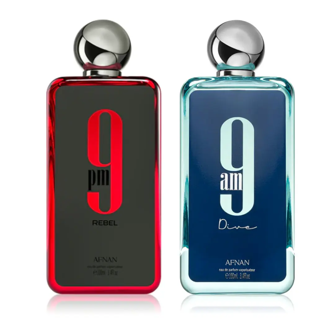 Afnan Men's 9AM Dive + 9PM Rebel Spray-On EDP Perfume Bundle - 3.4oz (100ml) Each, 200ml Total, A Clean Midnight Fragrance, Natural Cedarwood, Citrus, Floral, Woody Amber Notes, Day-Night Gift Pack, Fragrance That Starts With A