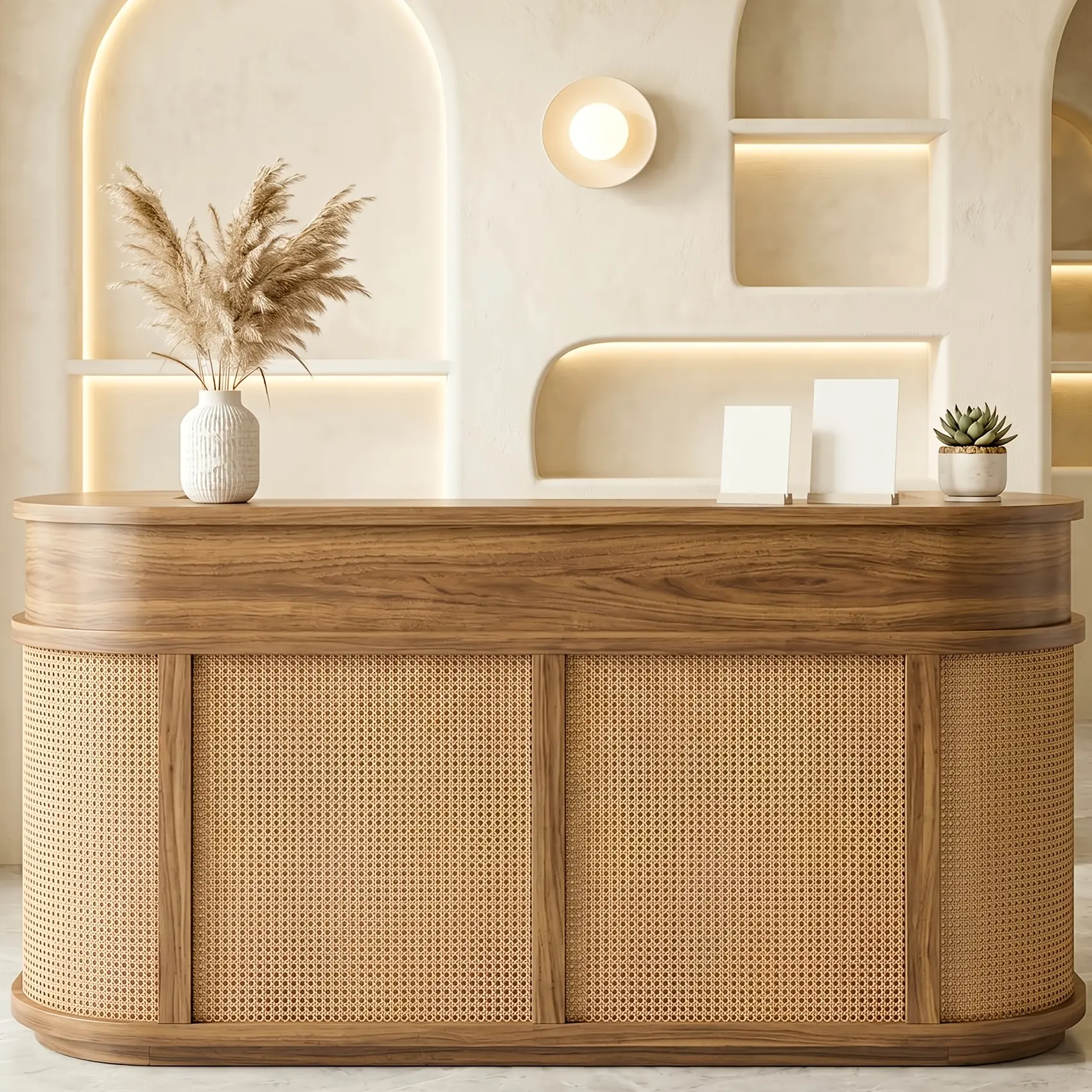 Fully Assembled Modern Oval Reception Desk with Lockable Drawer & Management Hole - Heavy-Duty Walnut Rattan Front Desk Suitable for Office, Salon, Business Lobby, Commercial Front Counter with Polished Checkout Counter
