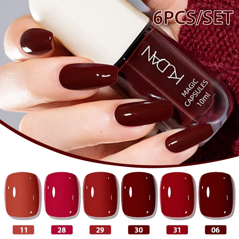 6pcs Red Brown Water-Base Finger Nail Polish Set, KUDAN Star River Series Water-Base Nail Polish, Liquid Polish, Colorful Quick-Dry, Peelable, Long Lasting, High Quality Nail Supplies for Home Salon DIY Manicure Art