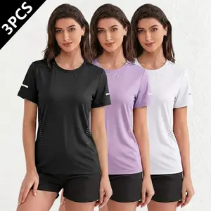 3-pack women’s casual short-sleeve T-shirts—simple and comfortable, available in multiple colors; breathable athletic tops for summer featuring crew necks, lightweight fabrics, and quick-drying performance. Suitable for running, workouts, and everyday wea