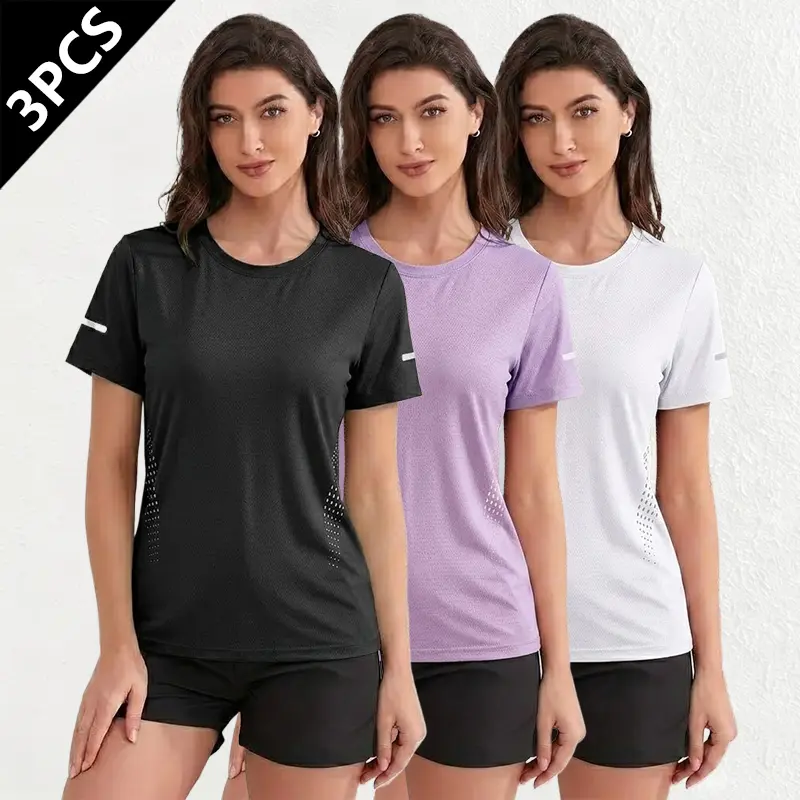 3-pack women’s casual short-sleeve T-shirts—simple and comfortable, available in multiple colors; breathable athletic tops for summer featuring crew necks, lightweight fabrics, and quick-drying performance. Suitable for running, workouts, and everyday wea