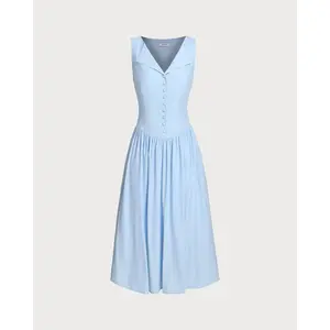RIHOAS Women's Casual Blue V-Neck Button-Down Sleeveless Midi Dress