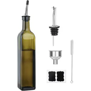 Green Olive Oil Dispenser Bottle - 17oz/500ml Glass Oil and Vinegar Bottles Set Kitchen, Oil Dispenser with 2 Stainless Steel Pourers, Funnel and Brush