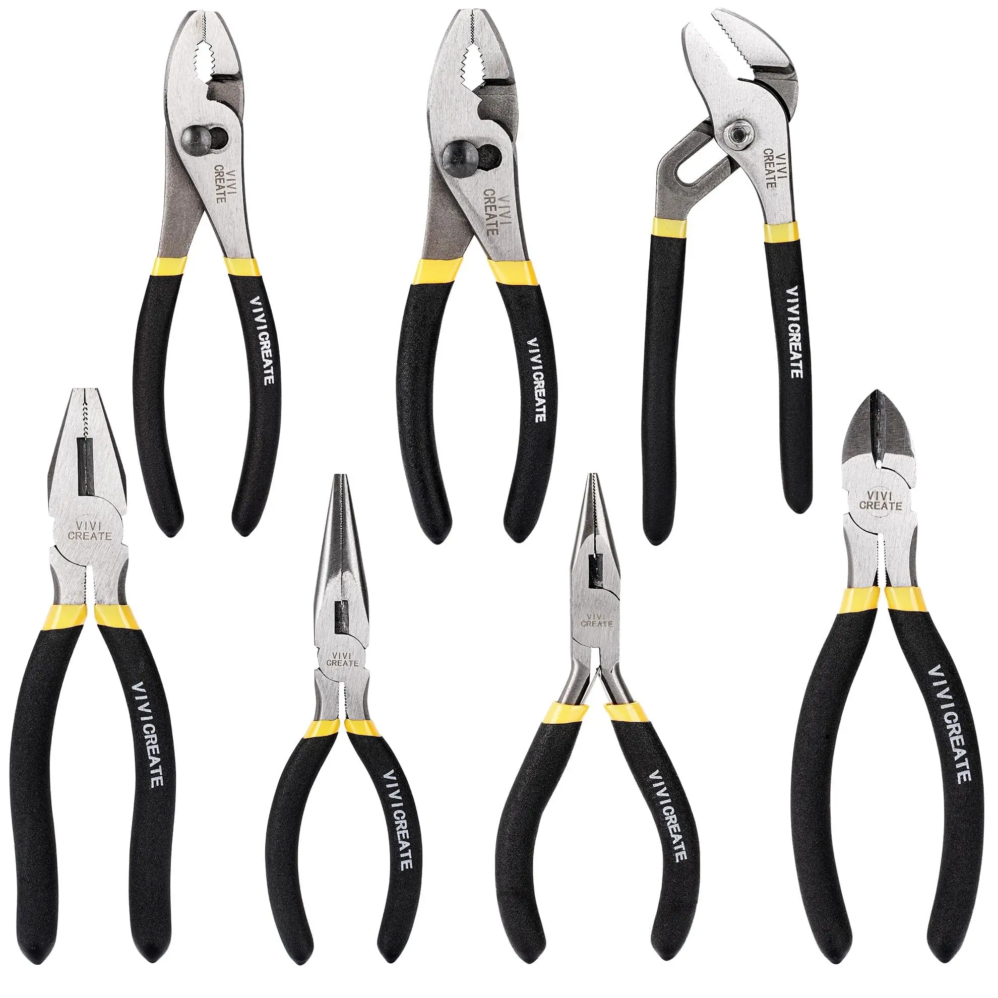 Vivicreate 7-Piece Heavy-Duty Multipurpose Pliers Set, Includes Long Nose, Slip Joint, Linesman and Diagonal Pliers for Home Repair, DIY Projects